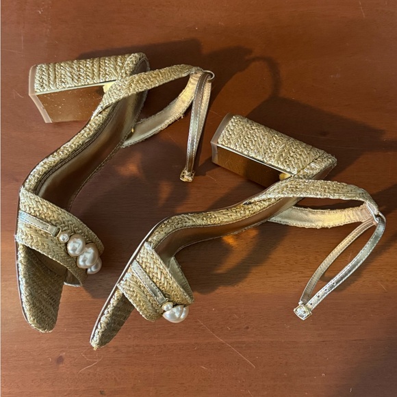 Lilly Pulitzer May Heeled Sandal Raffia Pearl Block Heel Gold Size 6.5 - Picture 7 of 16